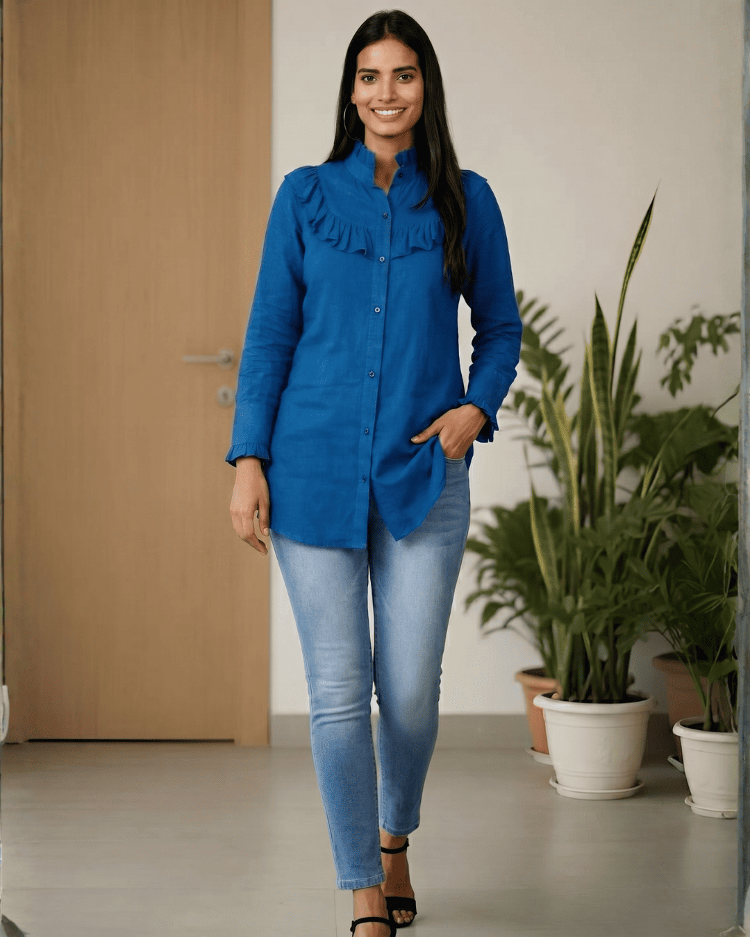 Women's Blue Shirt With Ruffle Yoke And Cuff