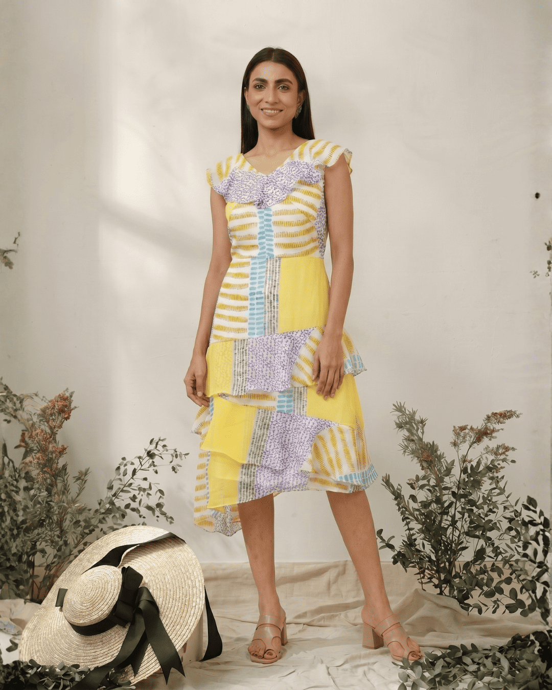 Women's Lemon Printed Georgette Ruffle Dress