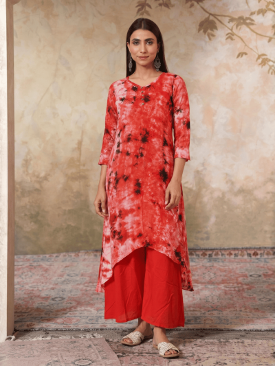 Women's Indian Tie N Dye Kurti With Wooden Button Placket And Cuff