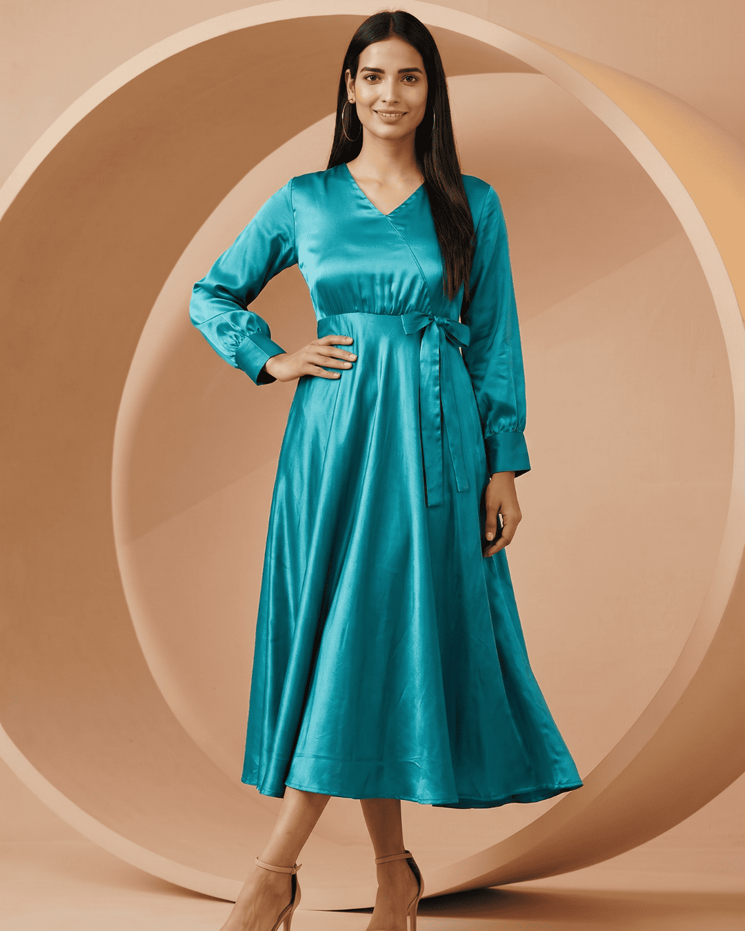 Women's Empire Line With Cuff Satin Wrap Dress Green
