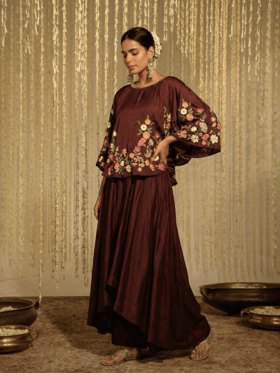 The Elegance of the Maroon Floral Cape Suit