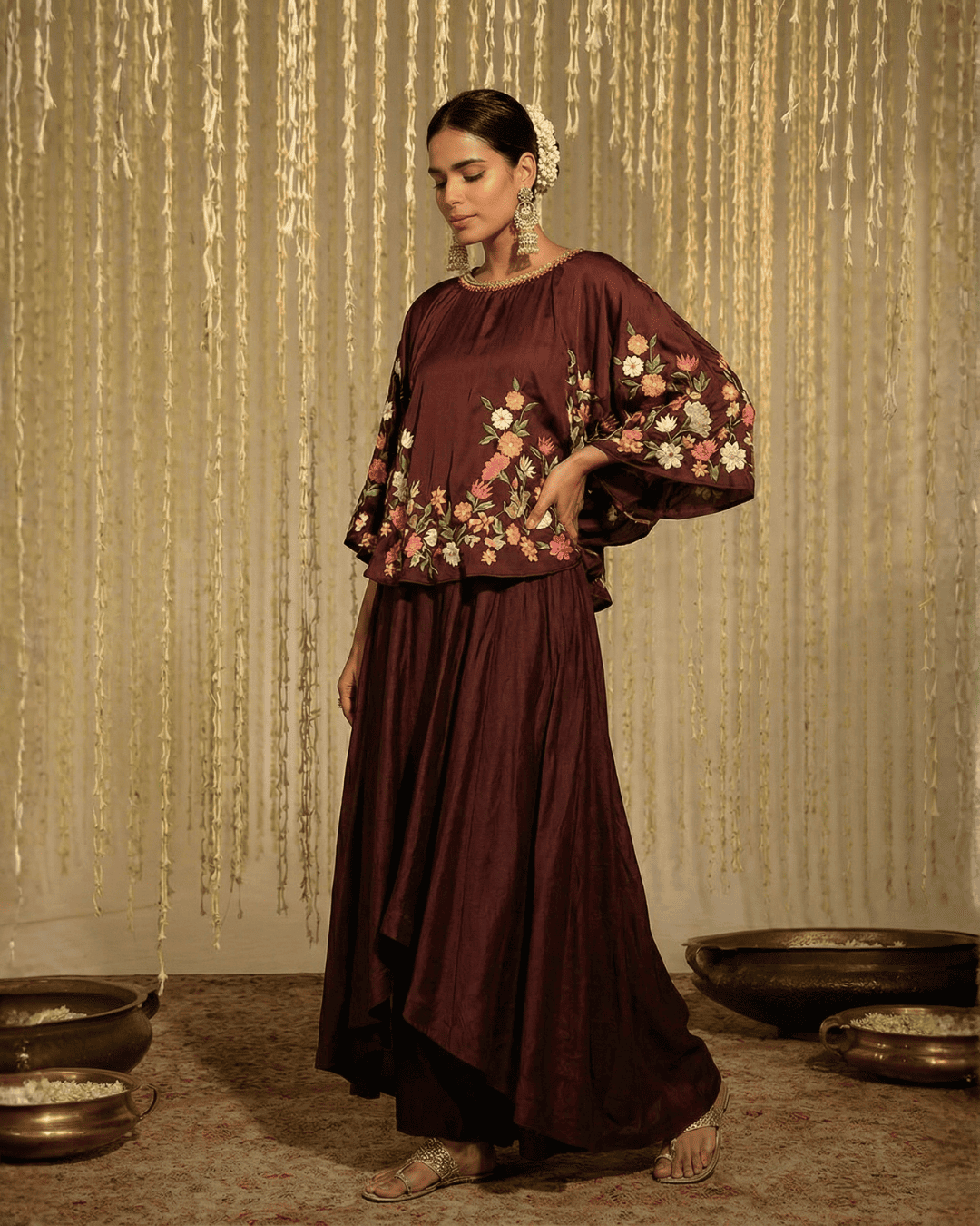The Elegance of the Maroon Floral Cape Suit