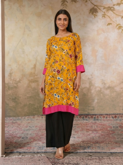 Elevate Your Style with the Mustard Floral Rayon Kurti with Placket