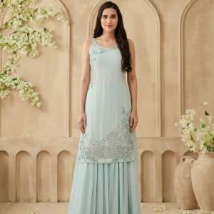 Women's Light Blue Embroidered Halter Neck Kurta With Georgette Lehenga Set