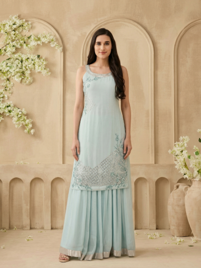 Women's Light Blue Embroidered Halter Neck Kurta With Georgette Lehenga Set