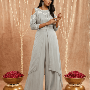 Stunning Women's Grey Sequins Work Georgette Kurta Set with Pallazo