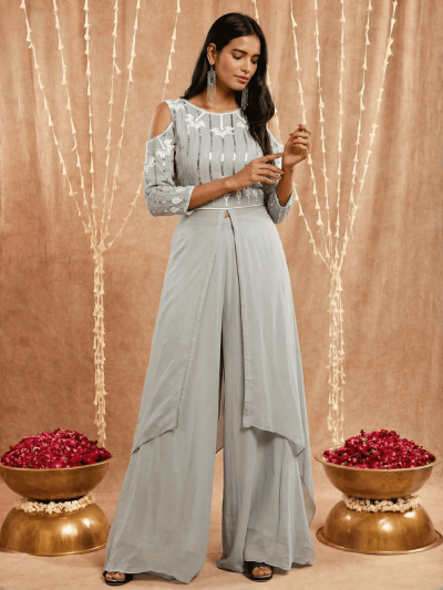 Stunning Women's Grey Sequins Work Georgette Kurta Set with Pallazo
