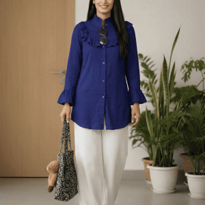 Dazzling Women's Dark Blue Shirt With Ruffle Yoke And Cuff