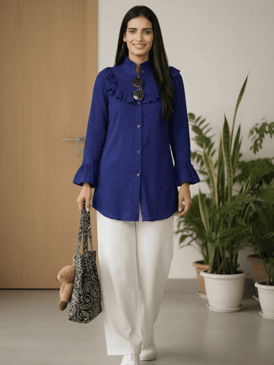 Dazzling Women's Dark Blue Shirt With Ruffle Yoke And Cuff