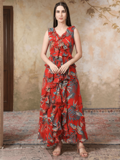 Radiant Women's Red Georgette Leaf Print Ruffle Dress
