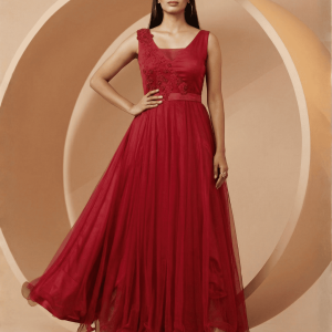 Breathtaking Women's Red Net Bridesmaid Embroidered Gown