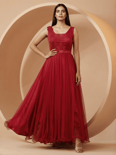 Breathtaking Women's Red Net Bridesmaid Embroidered Gown
