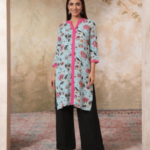 Elevate Your Wardrobe with the Blue Floral Kurti with Mandarin Collar