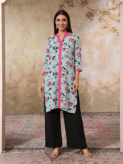 Elevate Your Wardrobe with the Blue Floral Kurti with Mandarin Collar