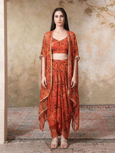 Breathtaking Women's Red base Multicolor print Chiffon Blouse, Cape, Dhoti drape Skirt set