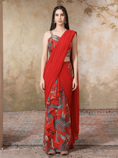 Dazzling Women's Red base Leaf print Georgette Pleats drape Saree, Blouse set