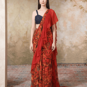 Ravishing Women's Printed Chiffon Red base Ruffle Saree, Sequins Blouse set