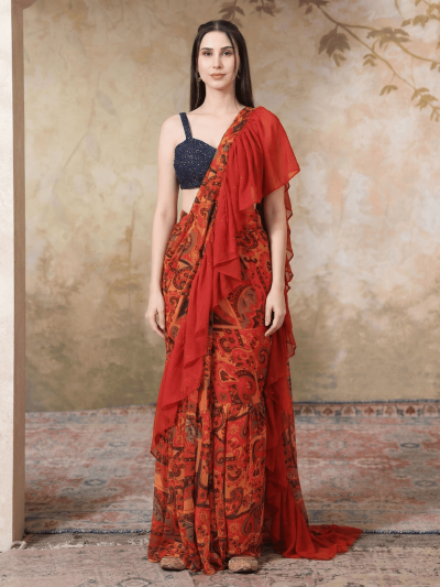 Ravishing Women's Printed Chiffon Red base Ruffle Saree, Sequins Blouse set