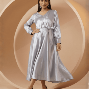Stunning Women's Empire Line With Cuff Satin Wrap Dress in Grey