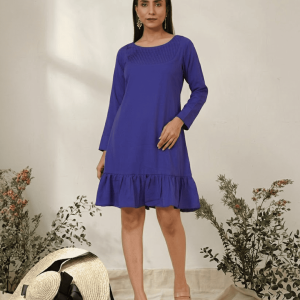 Dark Blue Women’s Pin Tucks Georgette Midi Casual Dress: A Breathtaking Fashion Essential