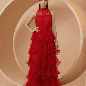 Stunning Women's Halter Neck Drape Net Party Evening Corset Gown in Red