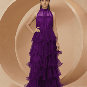 Women’s Halter Neck Drape Net Party Evening Corset Gown in Purple