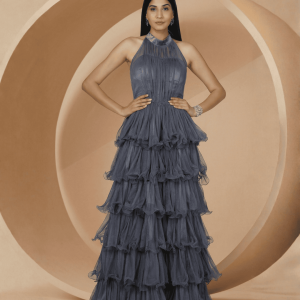 The Ultimate Evening Elegance: Women’s Halter Neck Net Party Corset Gown in Grey