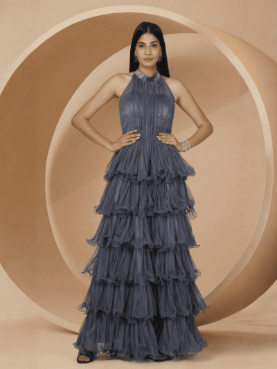 The Ultimate Evening Elegance: Women’s Halter Neck Net Party Corset Gown in Grey