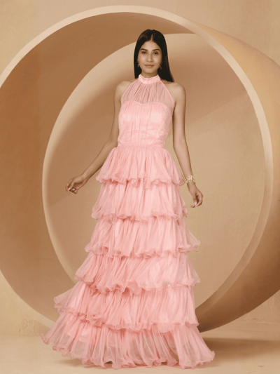 Stunning Halter Neck Party Gown in Pink : Breathtaking Evening Choice