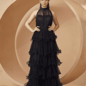 Stunning Women’s Halter Neck Drape Net Party Evening Corset Gown in Black