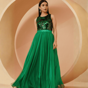 Women's Green Sequins Gown with Net Flare: The Ultimate Breathtaking Showstopper