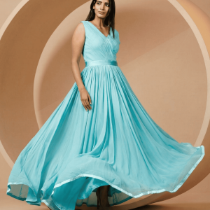 Women's Pleats Drape Georgette Party Evening Gown in Blue: A Masterpiece of Grace