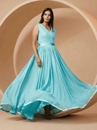 Women's Pleats Drape Georgette Party Evening Gown in Blue: A Masterpiece of Grace