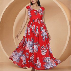 Women's Floral Printed Georgette Gown In Red Base : Ultimate Breathtaking Ensemble