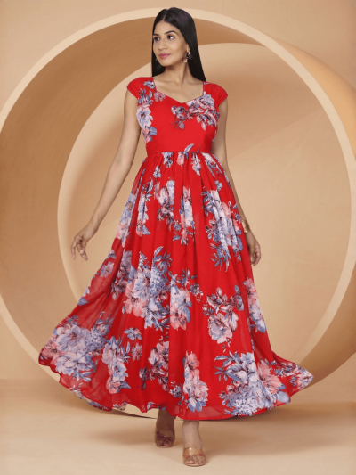 Women's Floral Printed Georgette Gown In Red Base : Ultimate Breathtaking Ensemble