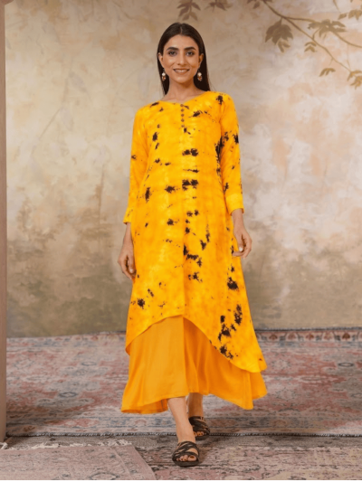 Women's Indian Tie N Dye Kurti With Wooden Button Placket And Cuff
