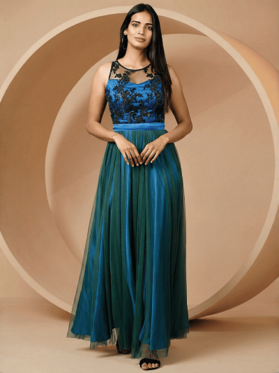 Blue Green Net Gown : The Ultimate Breathtaking Evening Masterpiece