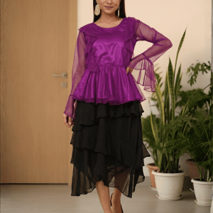 The Stunning Appeal of the Purple Net Party Top with Ruffle Sleeves