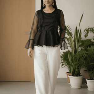 Women's Net Party Long Ruffle Sleeves Top In Black