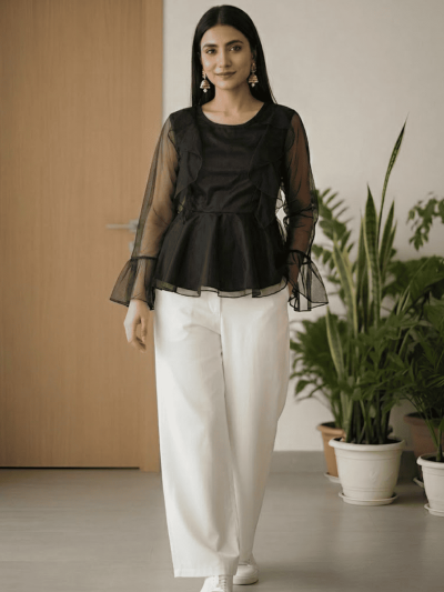Women's Net Party Long Ruffle Sleeves Top In Black