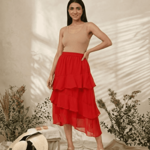 Women's Chiffon Ruffle Skirt With Elastic In Red