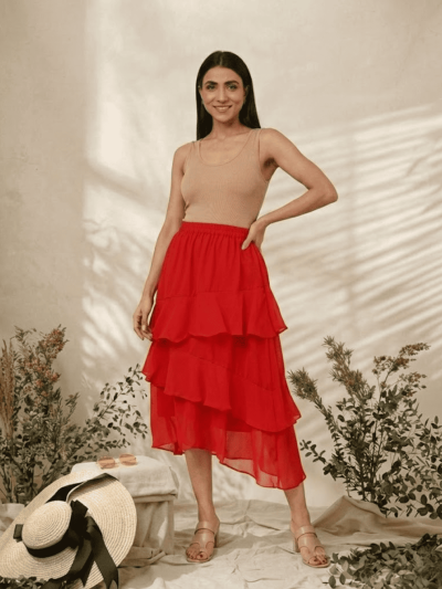 Women's Chiffon Ruffle Skirt With Elastic In Red