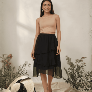Women's Chiffon Ruffle Skirt With Elastic In Black