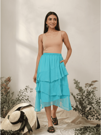 Women's Chiffon Ruffle Skirt With Elastic In Sky Blue