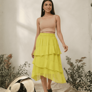 Women's Chiffon Ruffle Skirt With Elastic In Lime Green