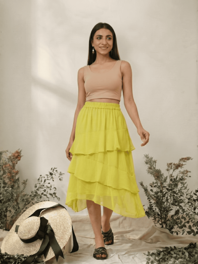 Women's Chiffon Ruffle Skirt With Elastic In Lime Green