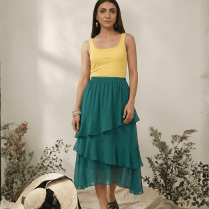 Women's Chiffon Ruffle Skirt With Elastic In Dark Green