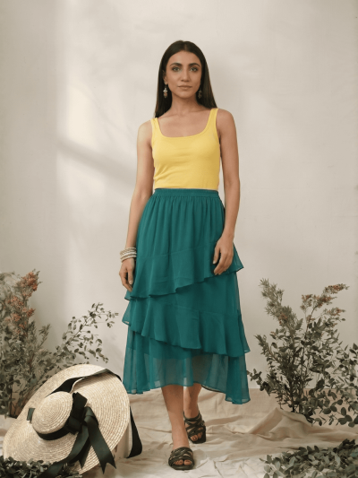 Women's Chiffon Ruffle Skirt With Elastic In Dark Green