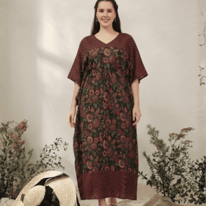 Women's Floral Print Rayon Long Kaftan In Green Base