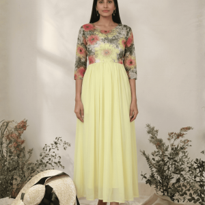 Women's Lemon Gown In Georgette And Sunflower Print Net Yoke